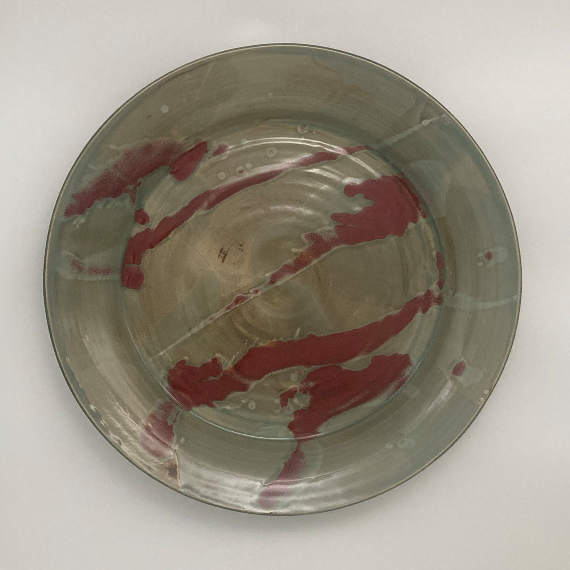Large handmade celadon porcelain platter with red and brown brushstroke accents – Fields Pottery